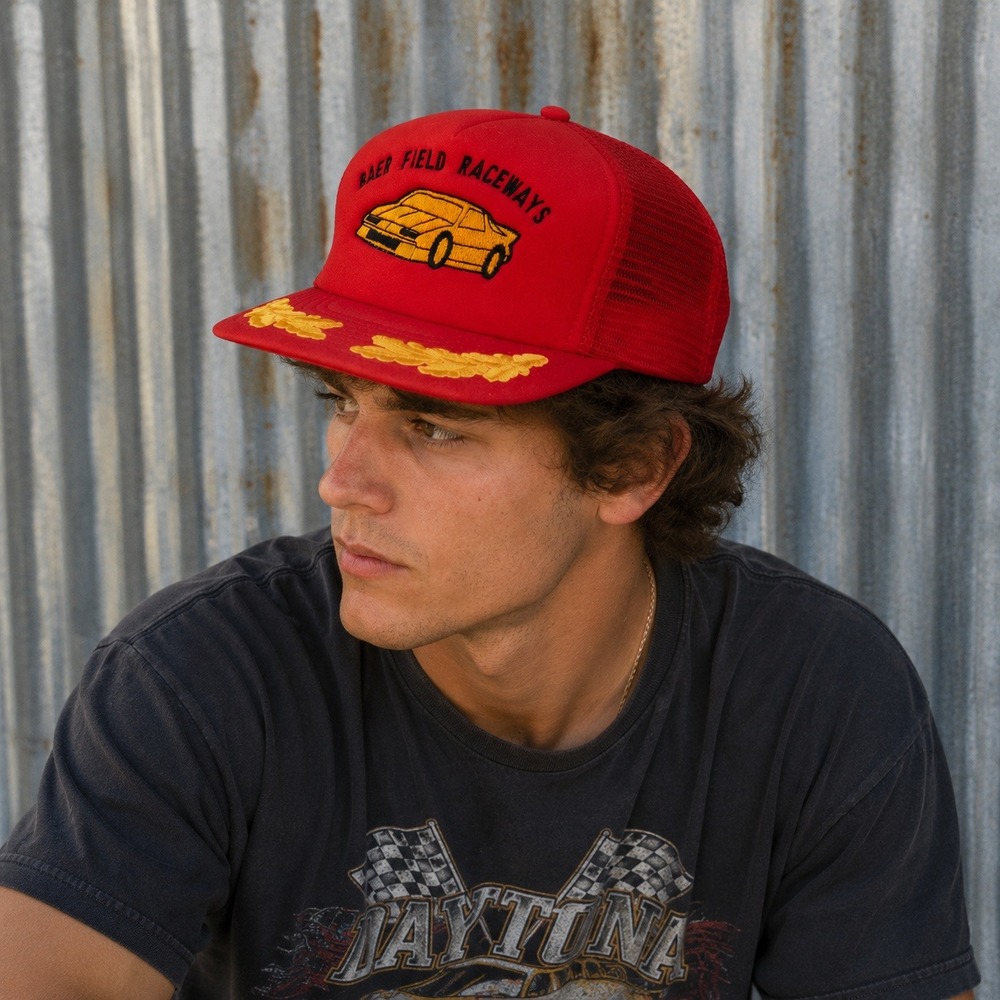 Vintage Baer Field Raceways Racing Trucker Hat Scrambled Egg Snapback Red Cap